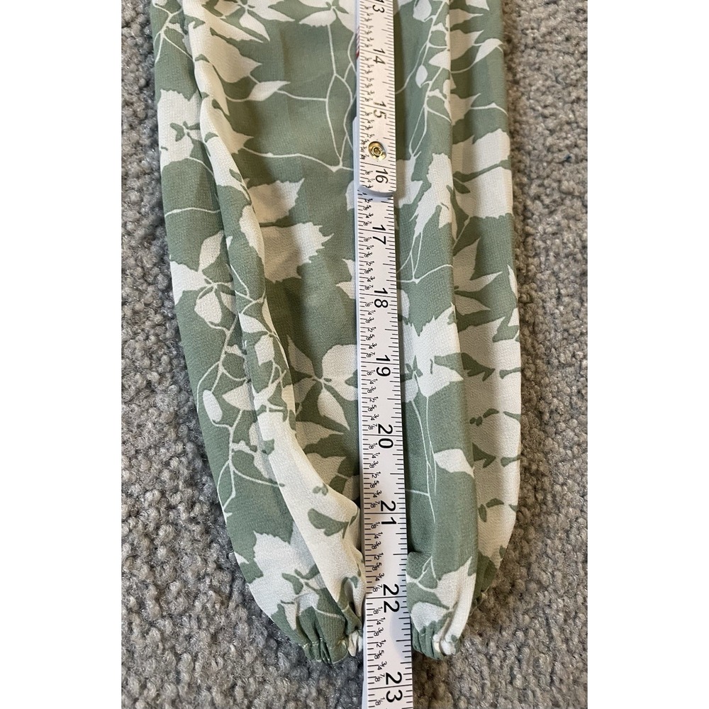 DOKOTOO Tired Floral Mini Dress Sz M Belted Sage White Long Sleeve Boho Chic - Picture 10 of 15